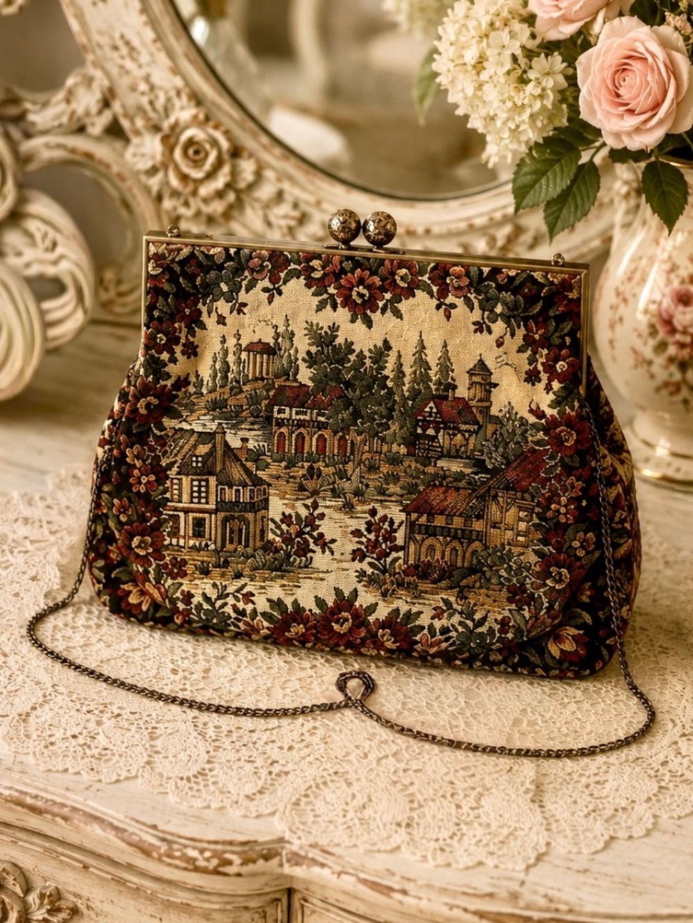 Vintage Walborg Tapestry Handbag with Matching Mirror | Made in France